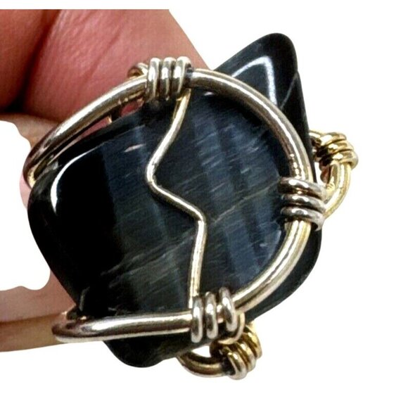 Handmade Wire-Wrapped Black Stone Cufflinks W/Gold-Plated Hardware - Picture 4 of 4